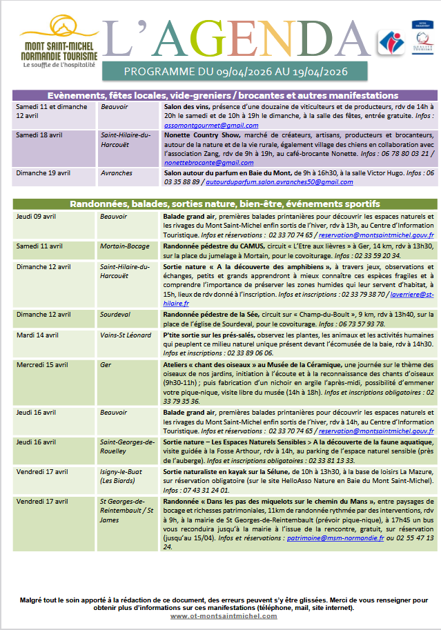 Mont Saint Michel - Normandie - Evénements du 9 au 19 avril