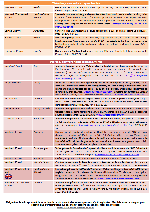 Mont Saint Michel - Normandie - Evénements du 9 au 19 avril