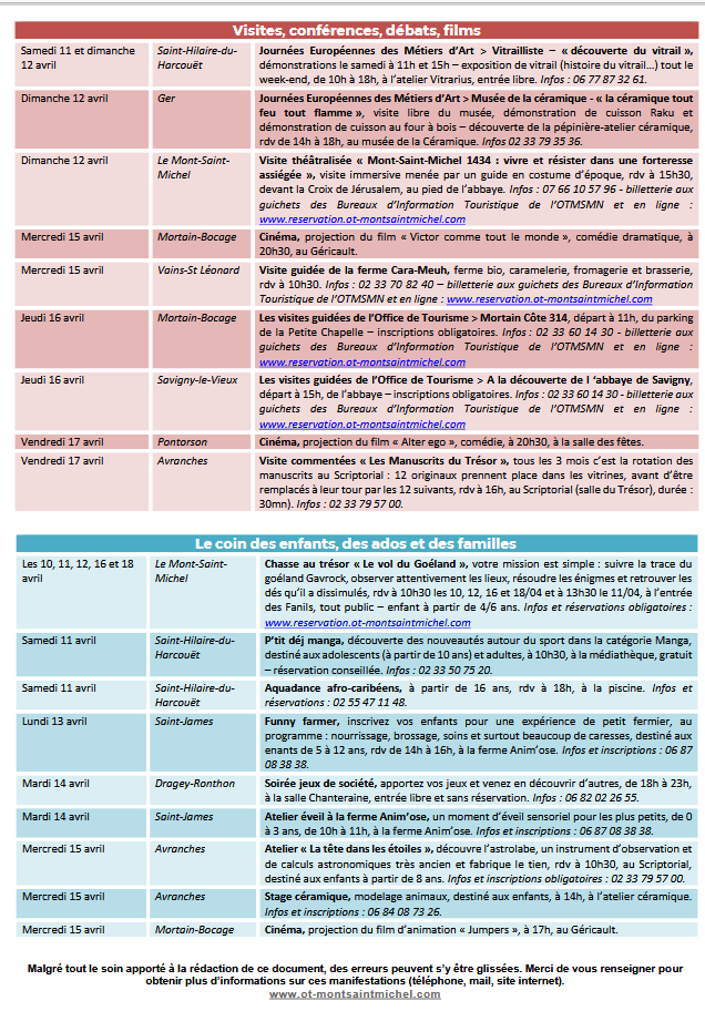 Mont Saint Michel - Normandie - Evénements du 9 au 19 avril