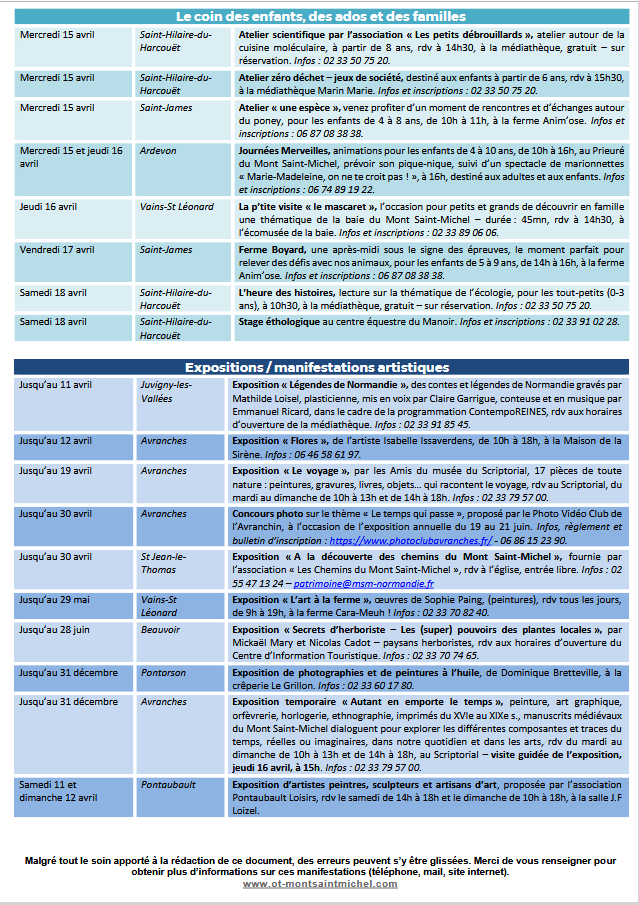 Mont Saint Michel - Normandie - Evénements du 9 au 19 avril