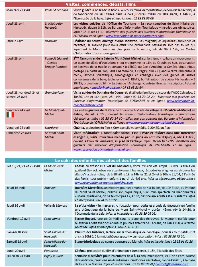 Mont Saint Michel - Normandie - Evénements du 16 au 26 avril