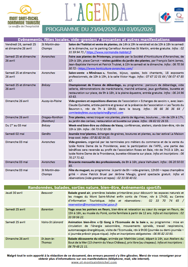 Mont Saint Michel - Normandie - Evénements du 23 avril au 3 mai