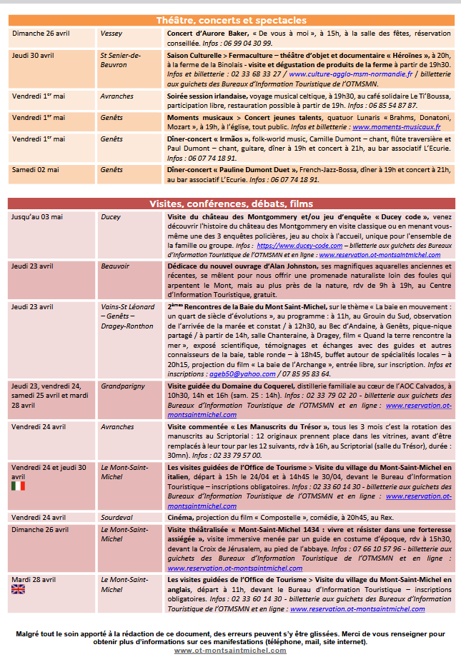 Mont Saint Michel - Normandie - Evénements du 23 avril au 3 mai