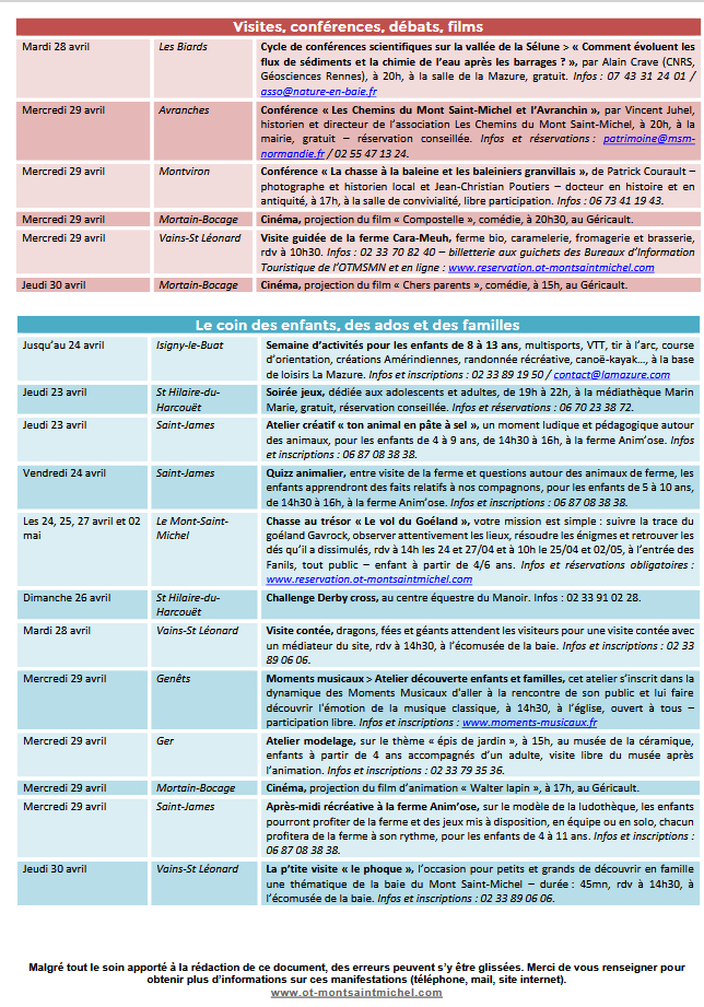 Mont Saint Michel - Normandie - Evénements du 23 avril au 3 mai
