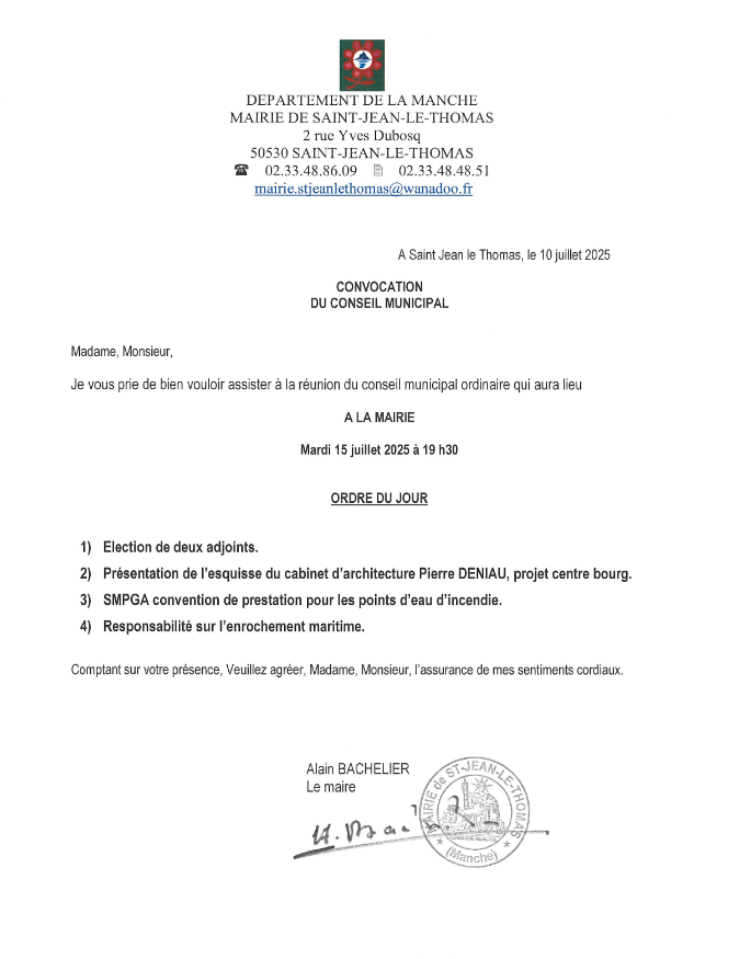 Conseil municipal le  mardi 15 juillet 2025 à 19h30