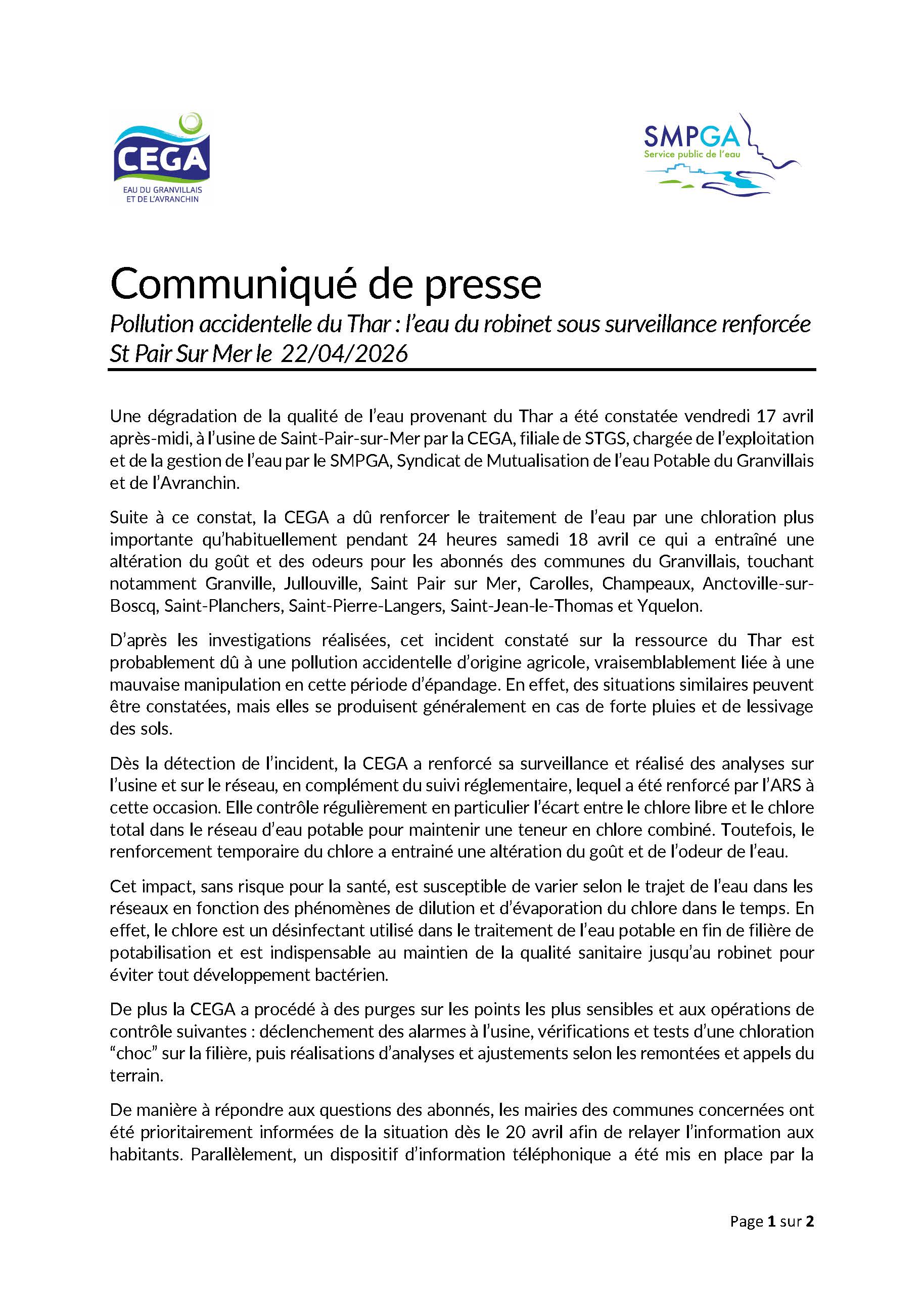 Communiqué de presse - Incident Chlore dans le Granvillais