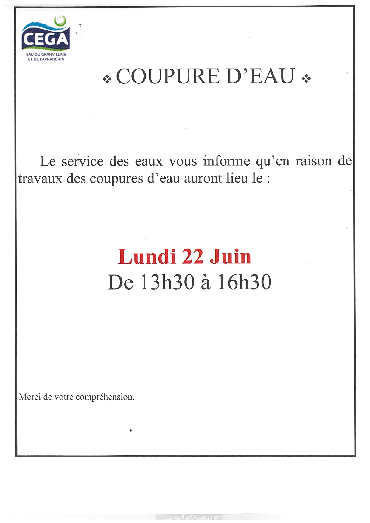 Coupure d'eau - lundi 22 juin 2028