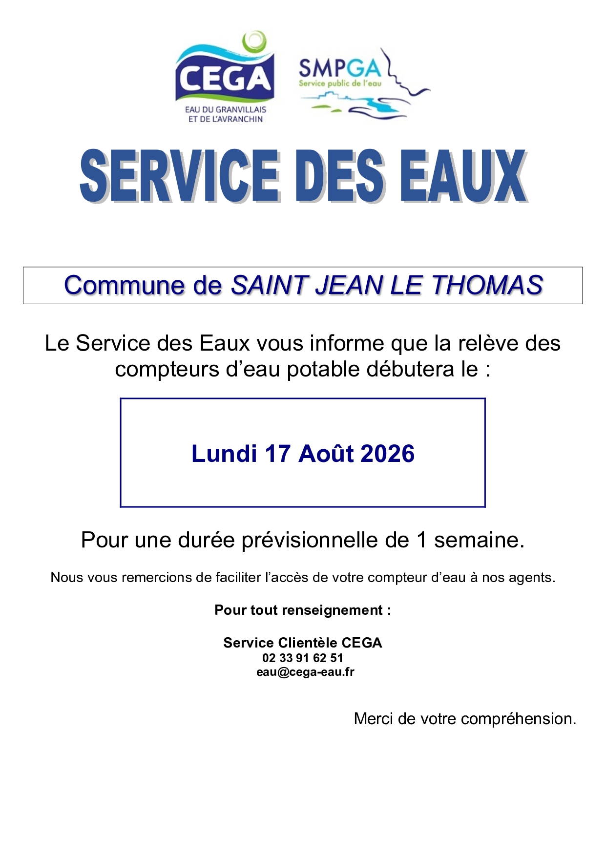 Relève des compteurs d'eau potable à compter du 17 août 2026