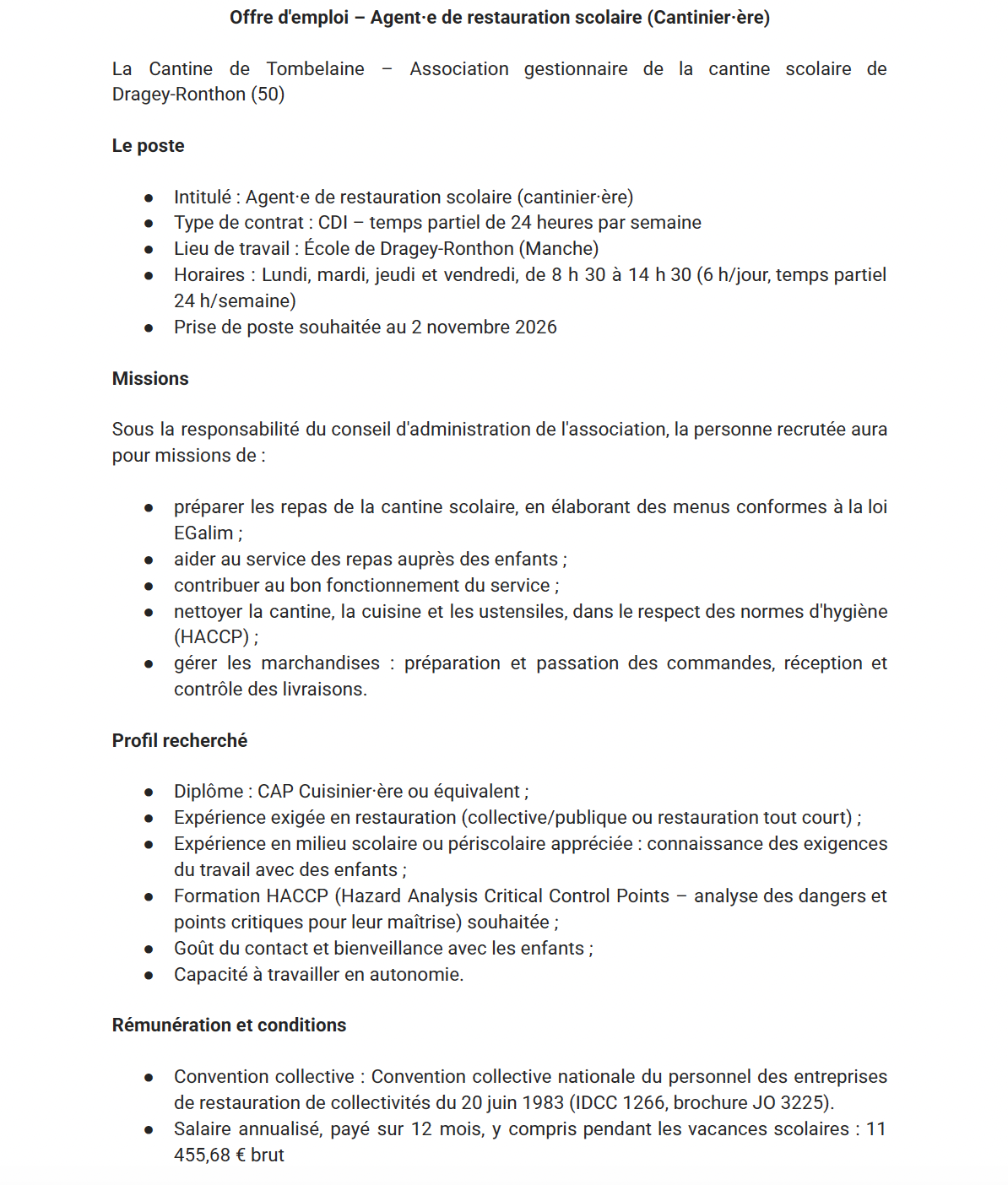 La Cantine de Tombelaine recrute un·e agent·e de restauration scolaire