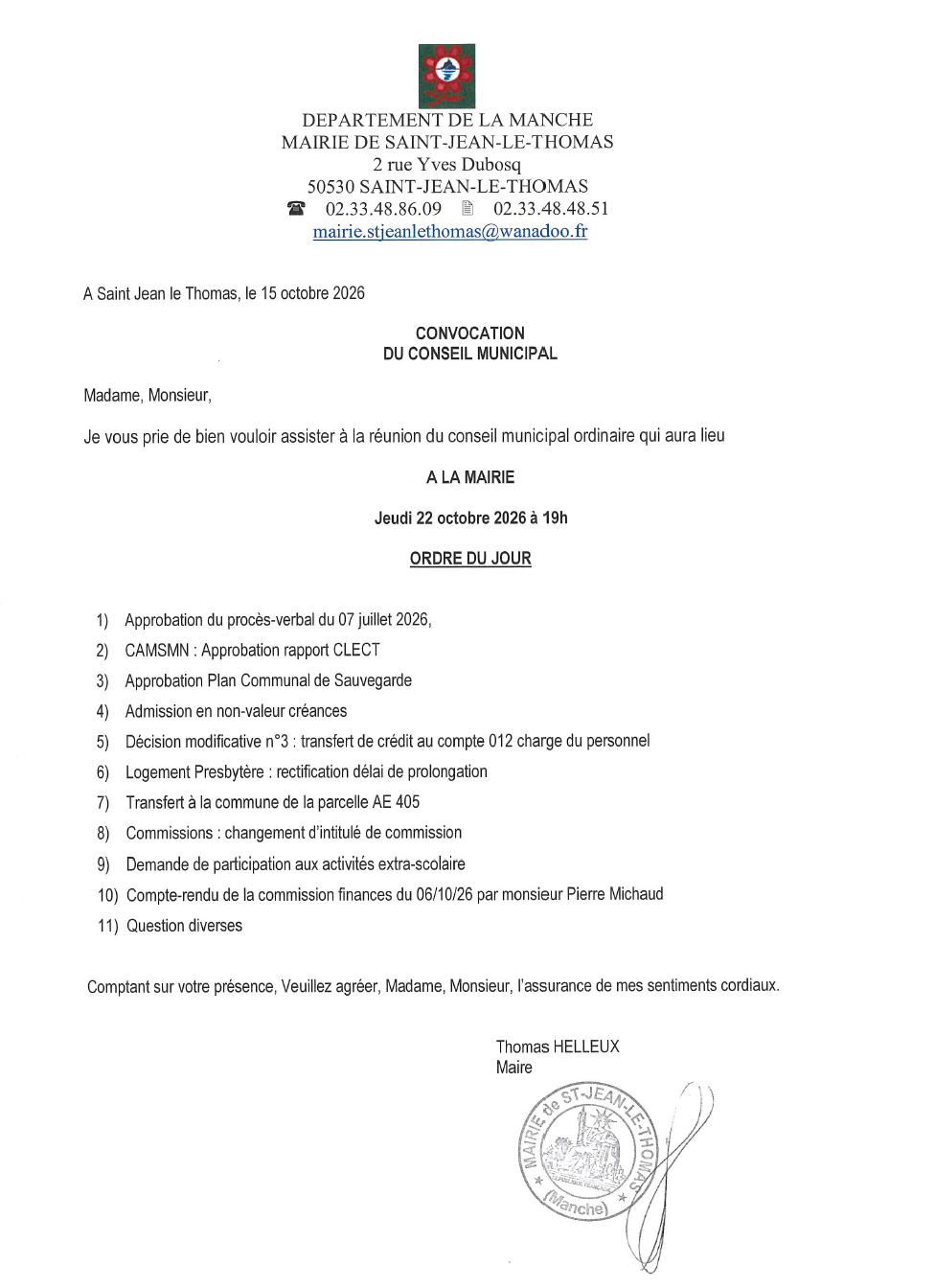 Conseil municipal – Réunion du 22 octobre 2026 - Délibérations