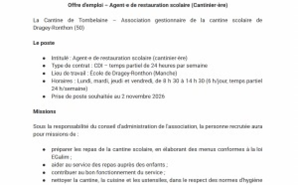 La Cantine de Tombelaine recrute un·e agent·e de restauration scolaire